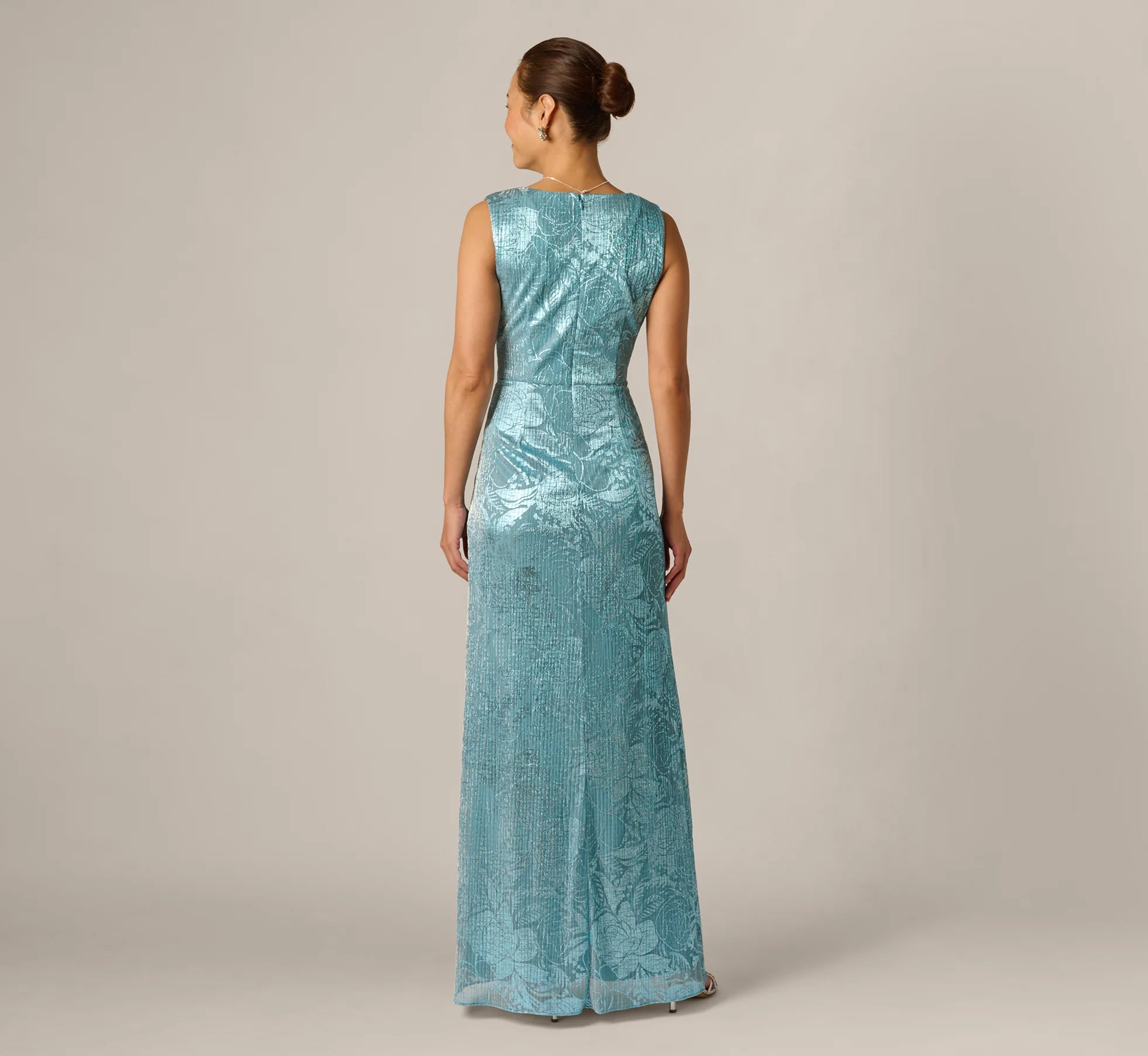 Crinkle Metallic Floral Draped Gown In Blue