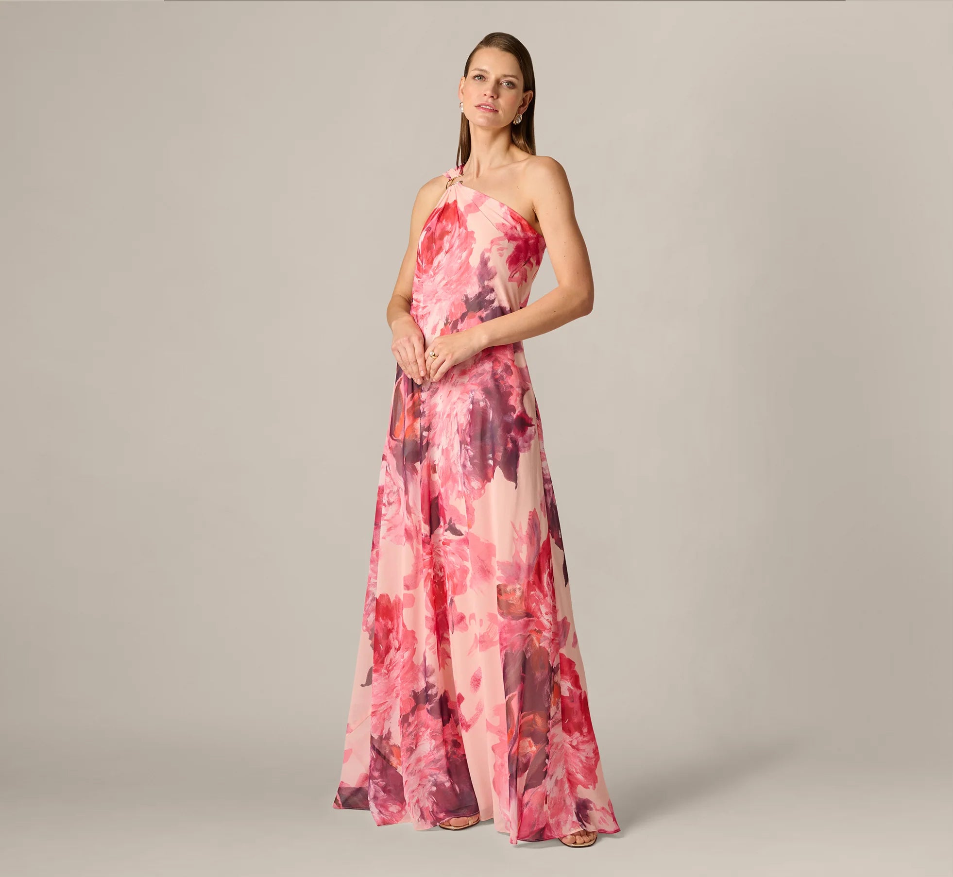 One Shoulder Peony Floral Chiffon Scarf Gown In Pink Multi