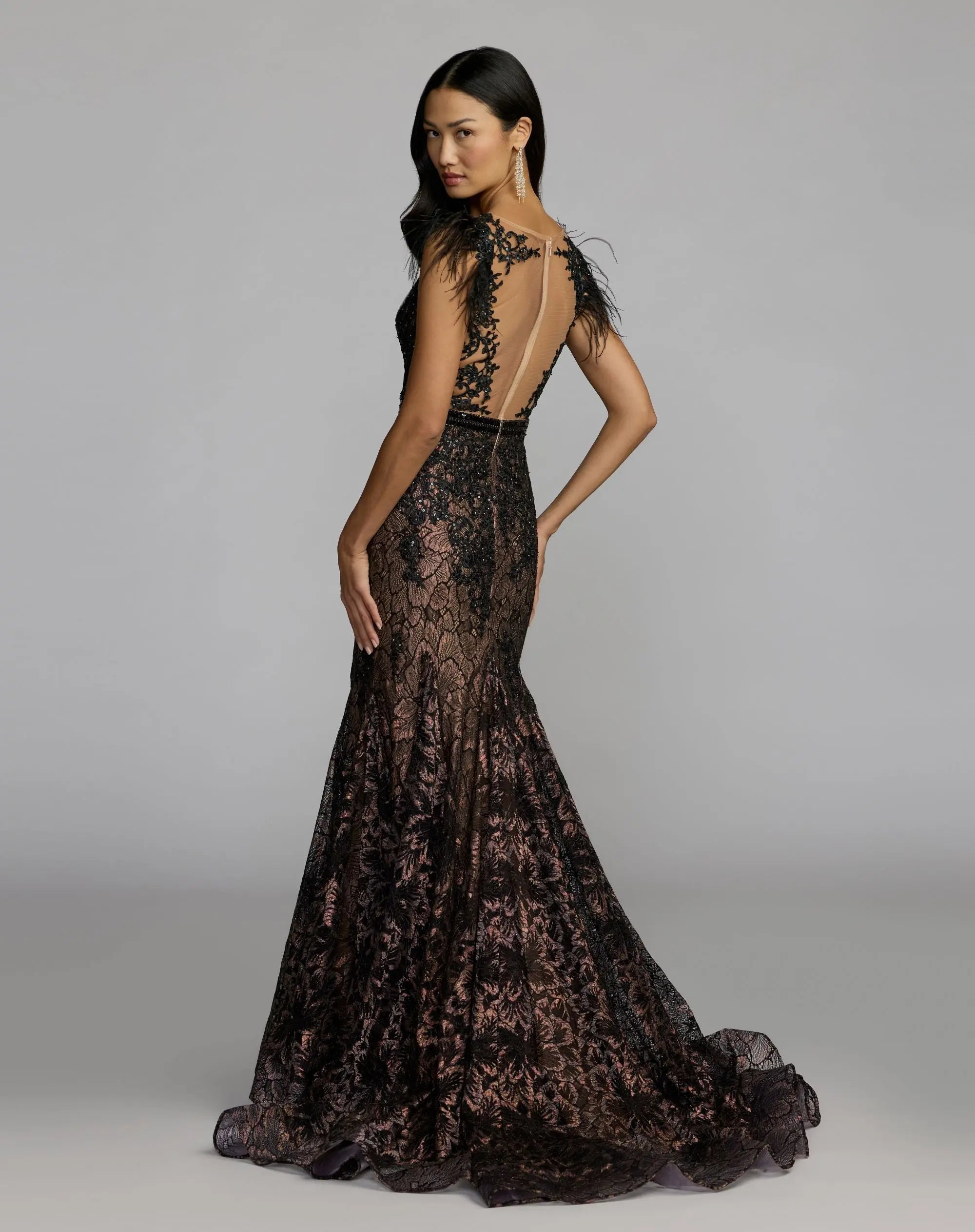 Black Embellished Lace High Neck Gown With Feather Sleeves