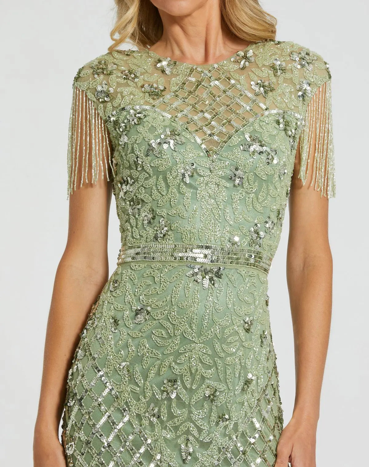 Petite Green High Neck Beaded Fringe Fitted Gown