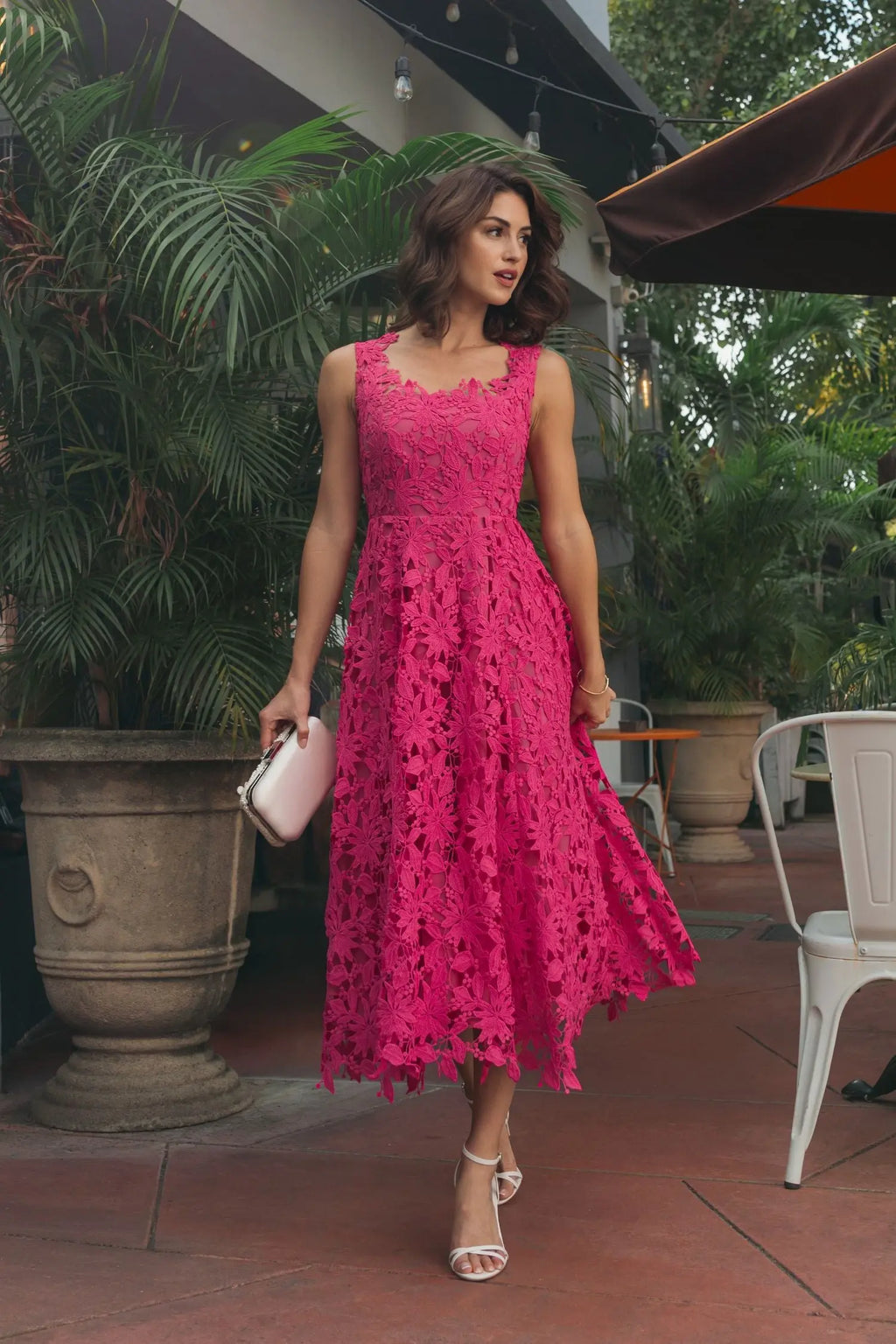 Pink Sleeveless Embroidered Lace A Line Midi Dress