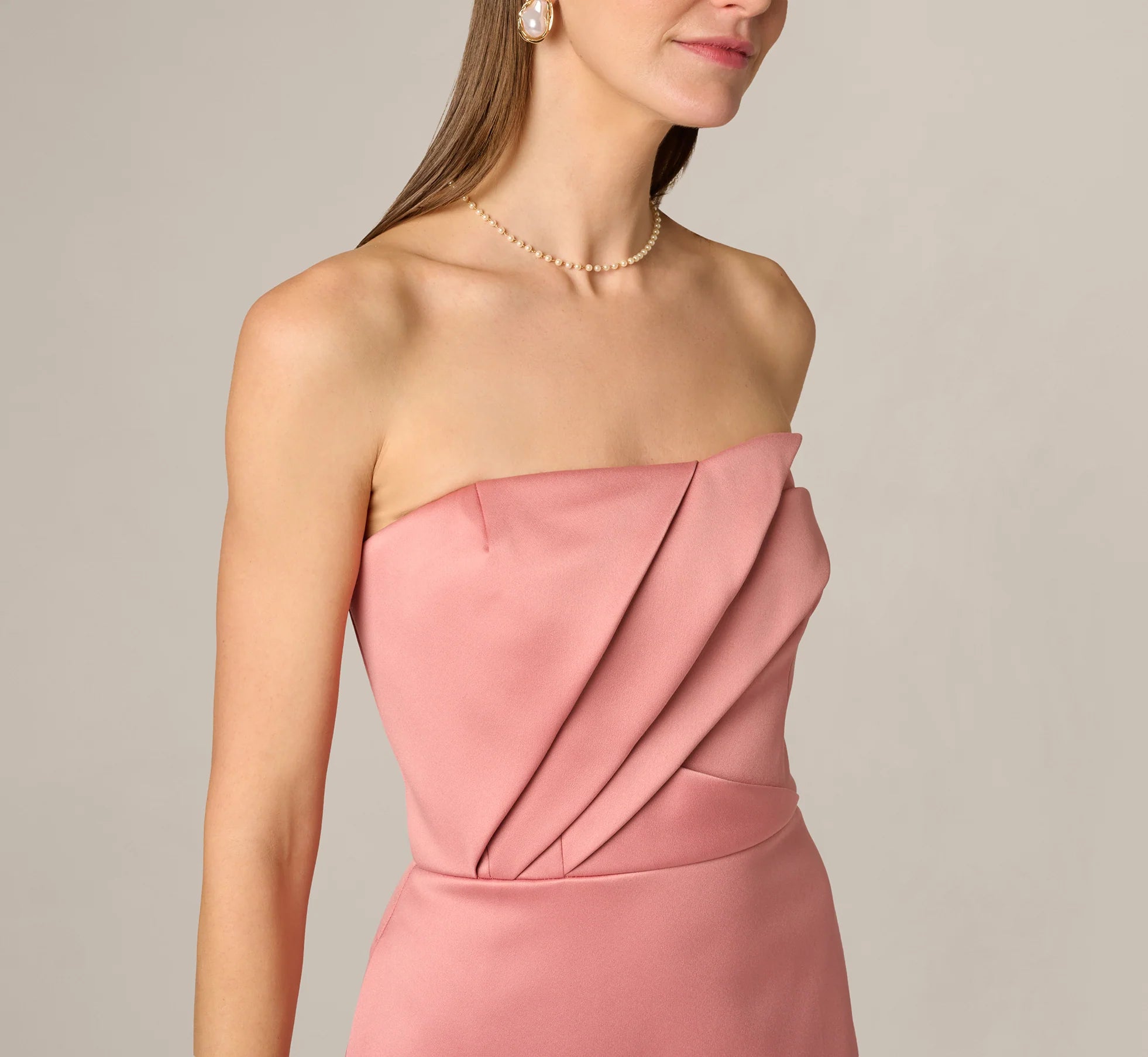 Strapless Duchess Satin Pleated Gown In Rose