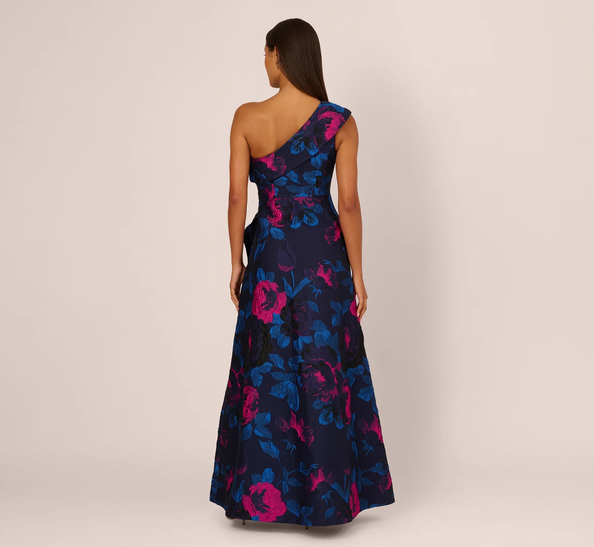 One Shoulder Floral Jacquard A Line Gown In Navy Orchid