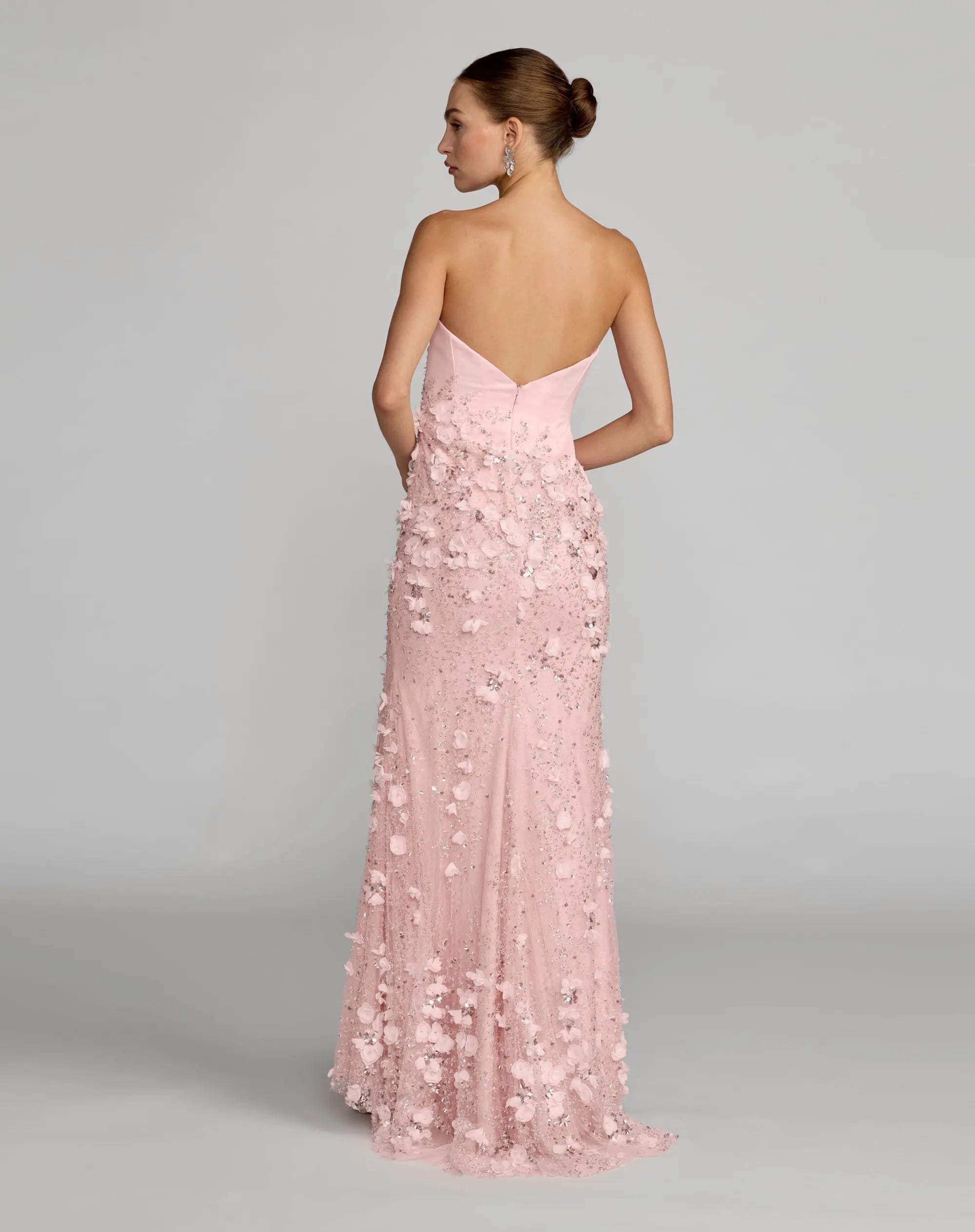 Pink Floral Satin Strapless Sweetheart Gown With Slit