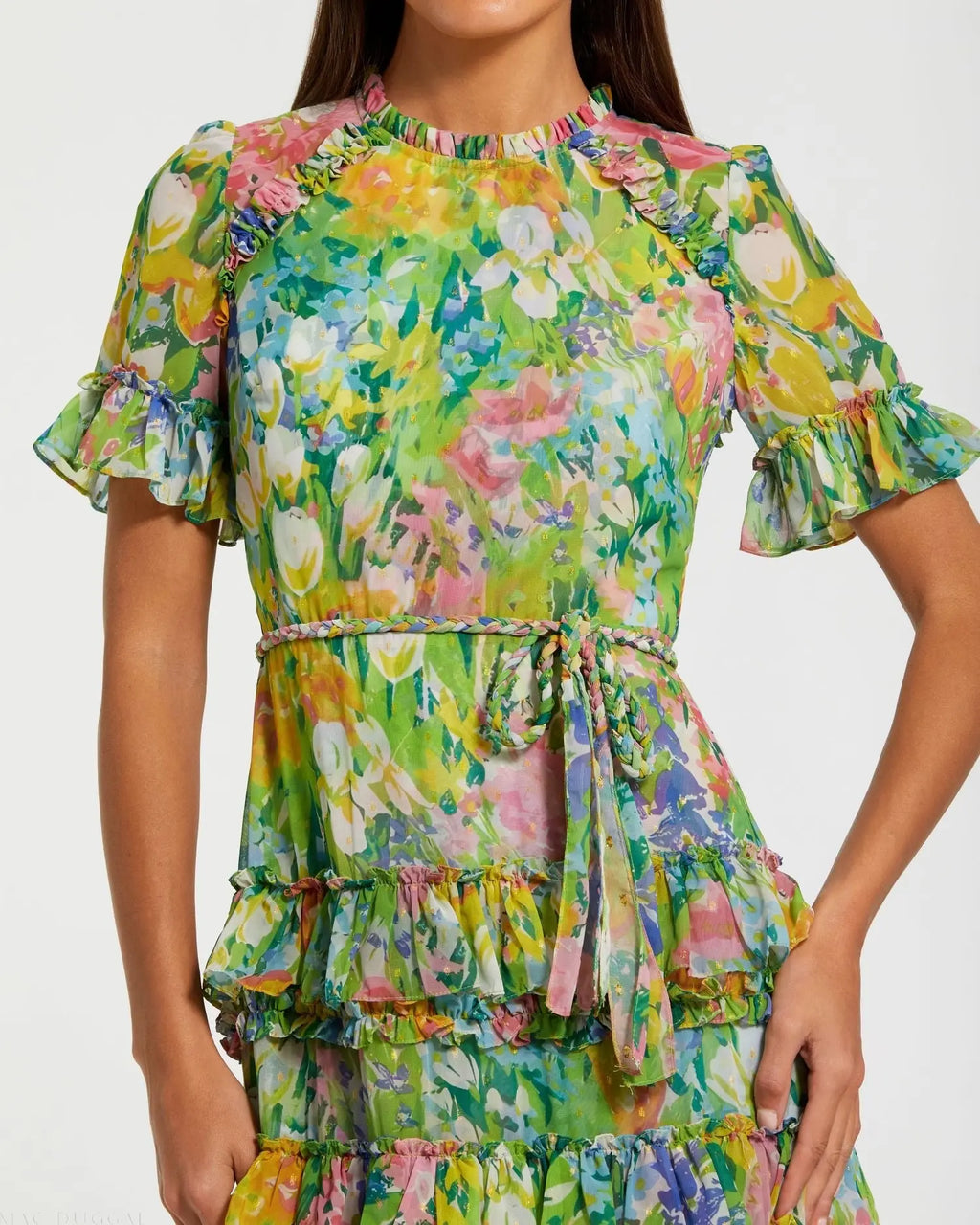 Green Ruffle Tiered Chiffon Floral Dress