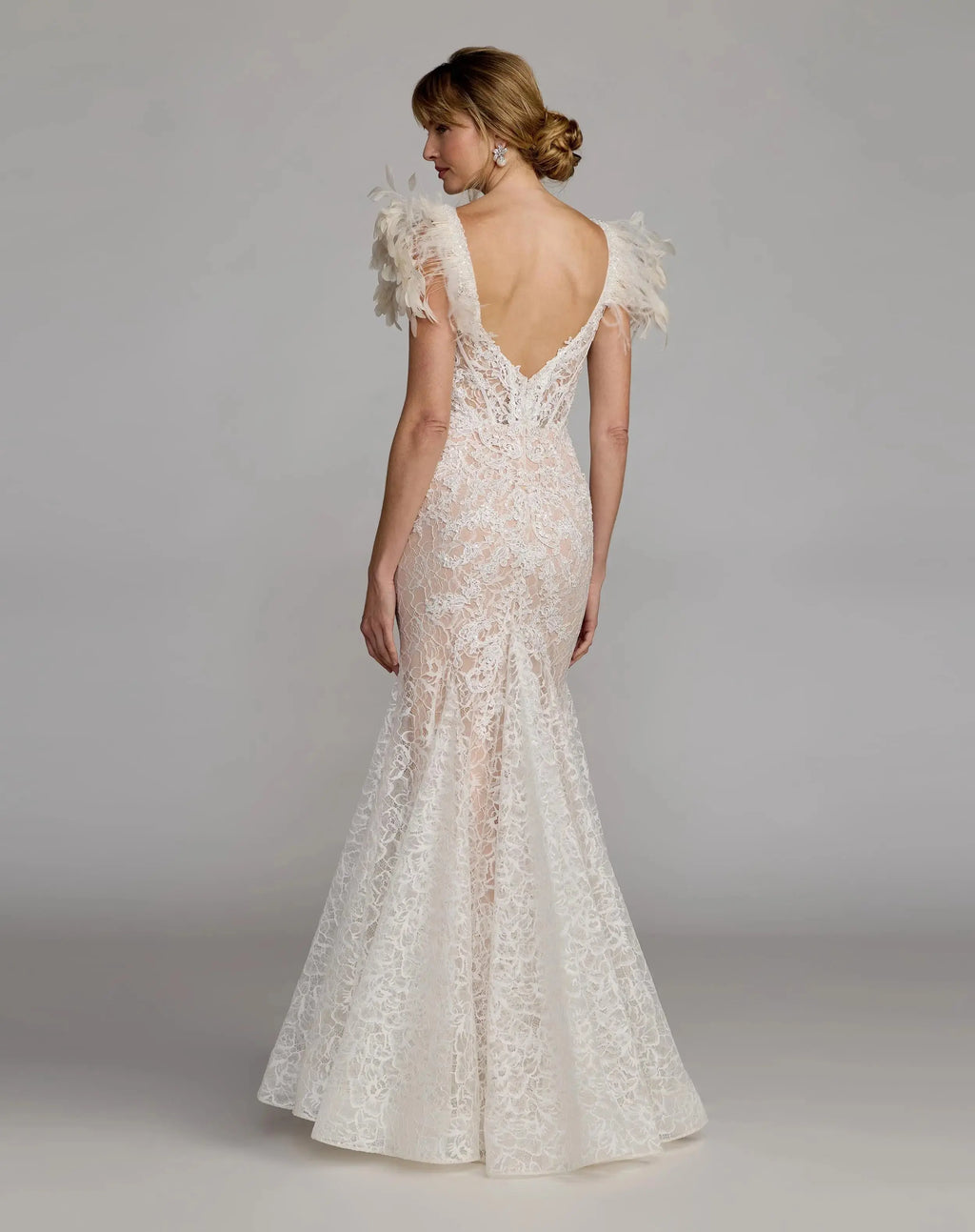 Ivory Embroidered Lace Mermaid Gown With Feather Sleeves