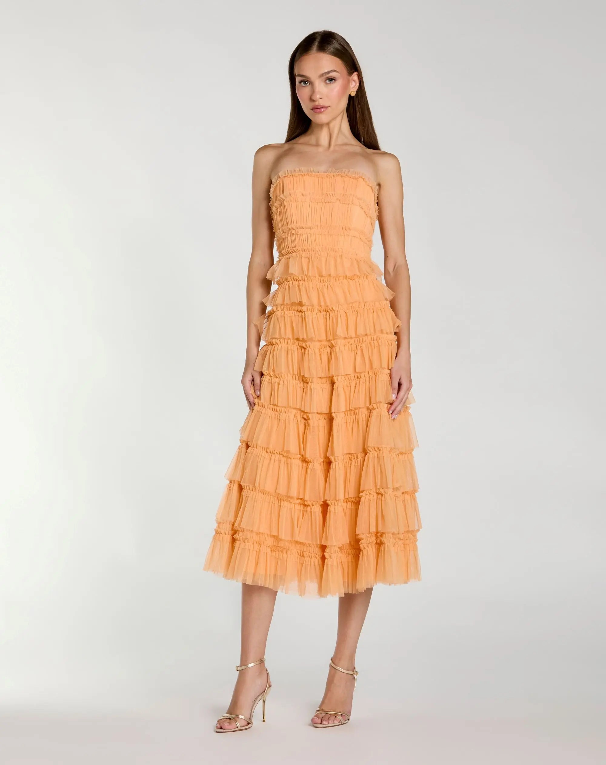 Micro Ruffle Strapless Midi Dress