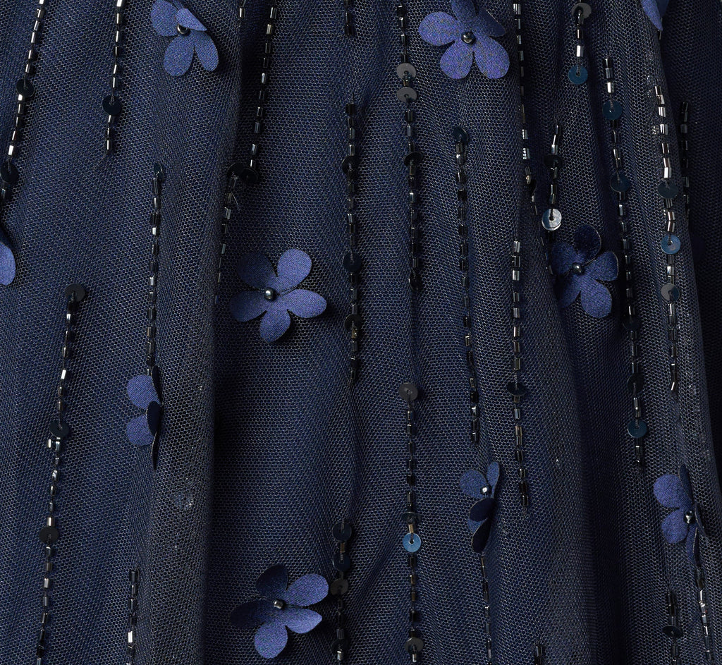 Short Sleeve Linear 3D Floral Beaded Gown In Navy