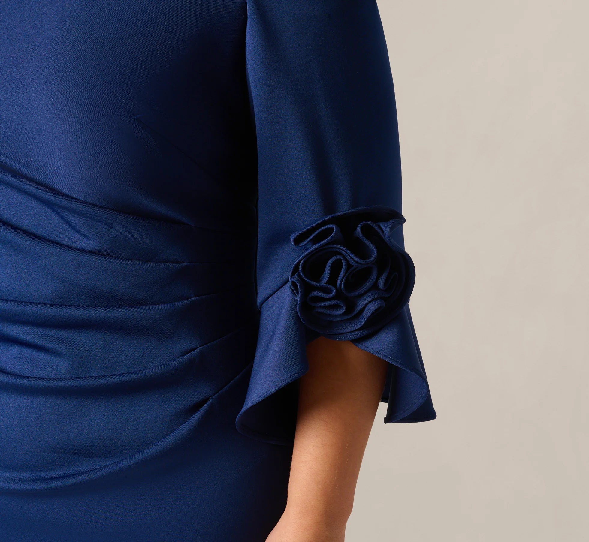 Plus Size Off Shoulder Bell Sleeve Rosette Gown In Navy Sateen