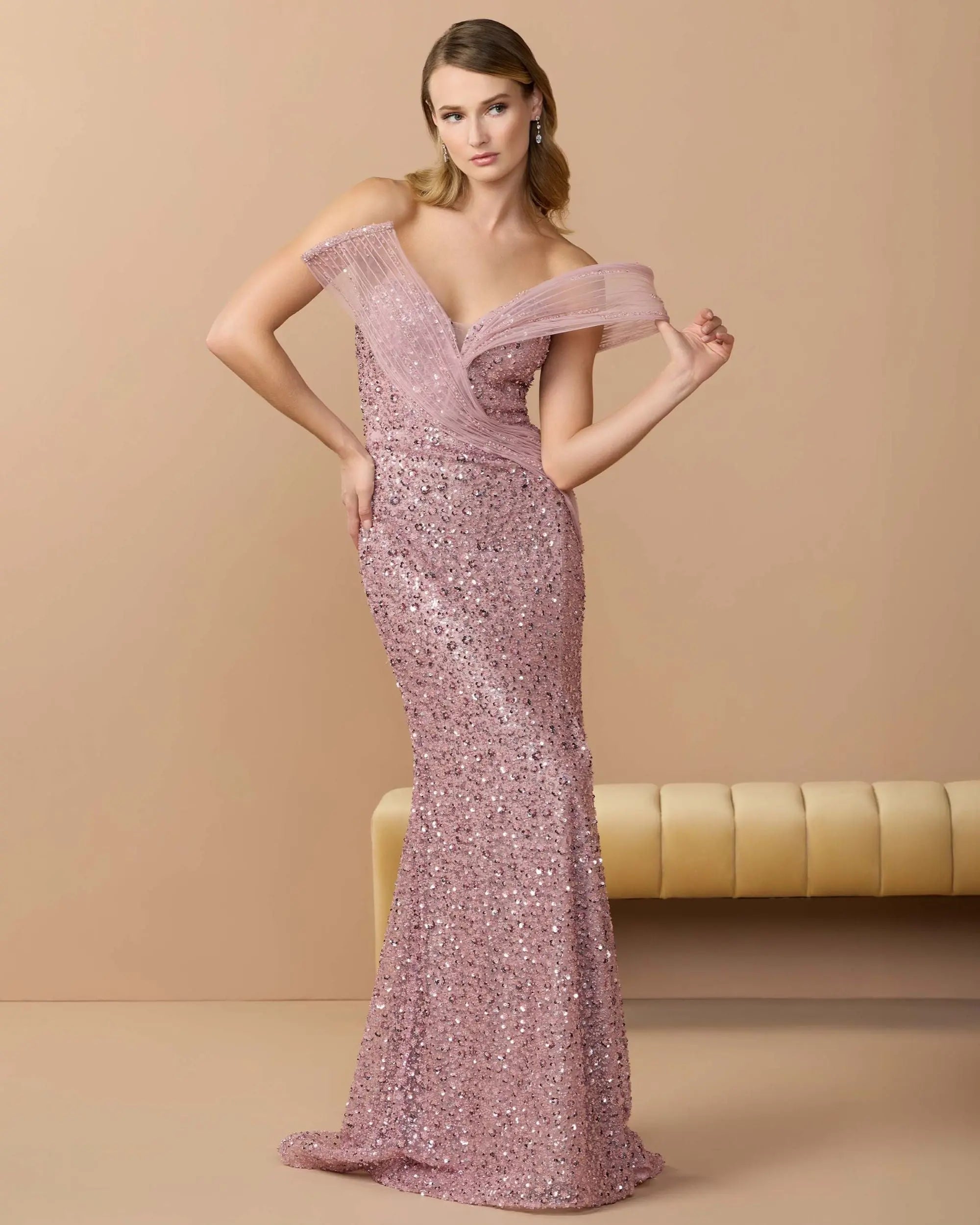 Pink Embellished Strapless Gown With Sculptural Drape