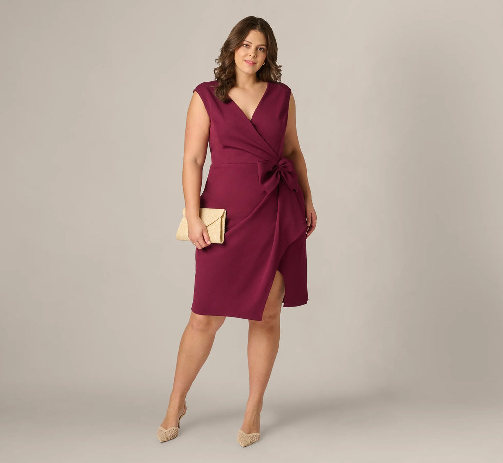 Plus Size Bow Accent Stretch Wrap Dress In Cabernet