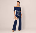 Knit Crepe Off-The-Shoulder Jumpsuit In Navy Sateen Ivory