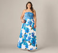 Plus Size Strapless 3D Floral Beaded Dupioni Gown In Ivory Blue Multi