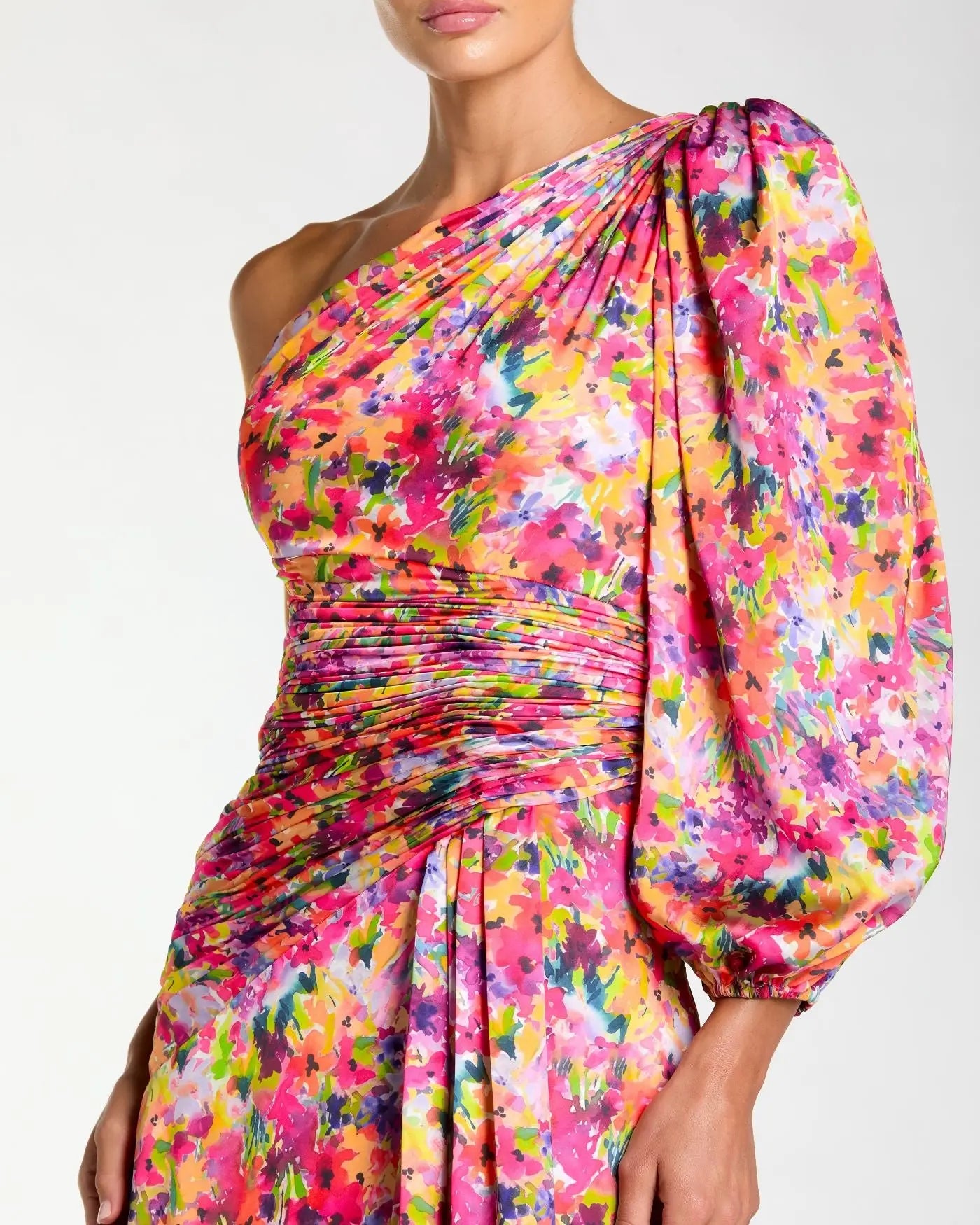 Multicolor One Sleeve Floral Print Charmeuse Gown With Slit