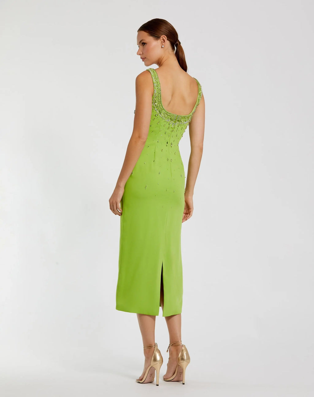 Green Beaded Crepe Scoop Neck Sleeveless Midi Dress