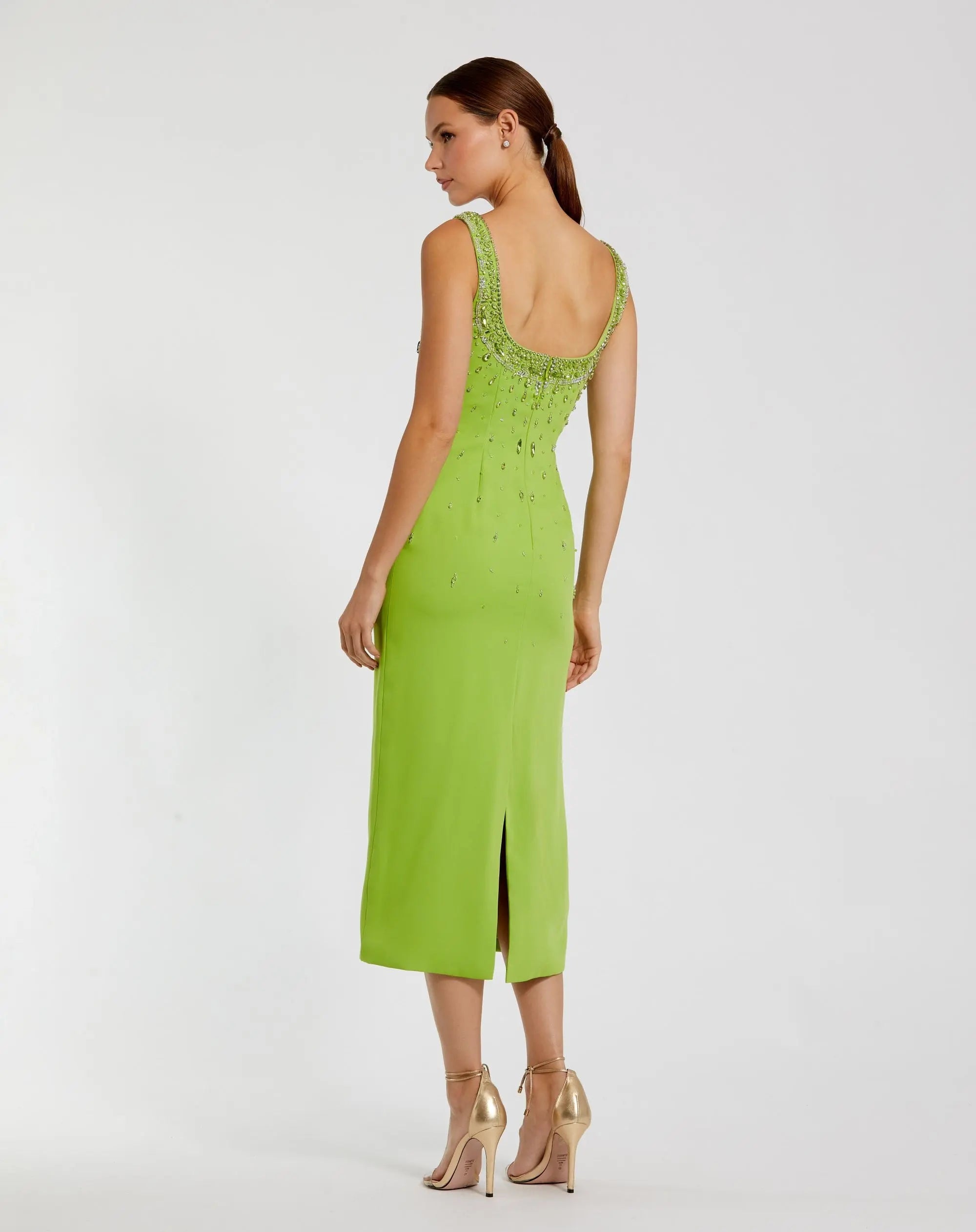 Green Beaded Crepe Scoop Neck Sleeveless Midi Dress