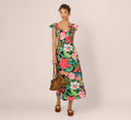 3D Tropical Floral Cotton A Line Midi Dress In Black Multi