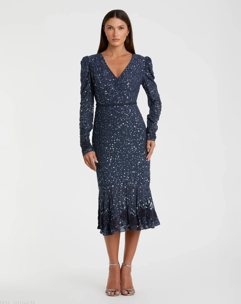 Blue Sequin Dress with Embellished Hemline and Belt - FINAL SALE