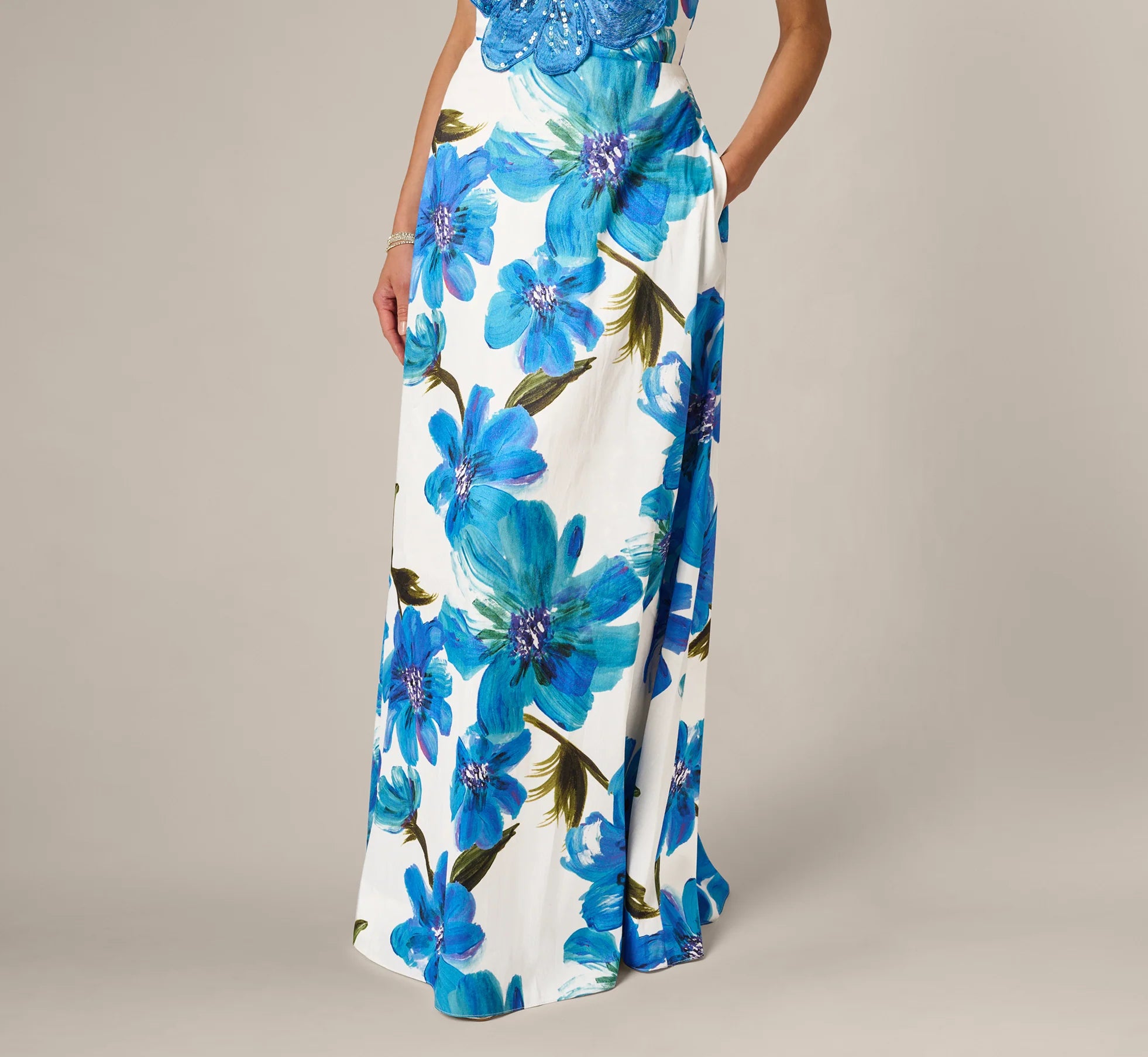 Strapless 3D Floral Beaded Dupioni Gown In Ivory Blue Multi