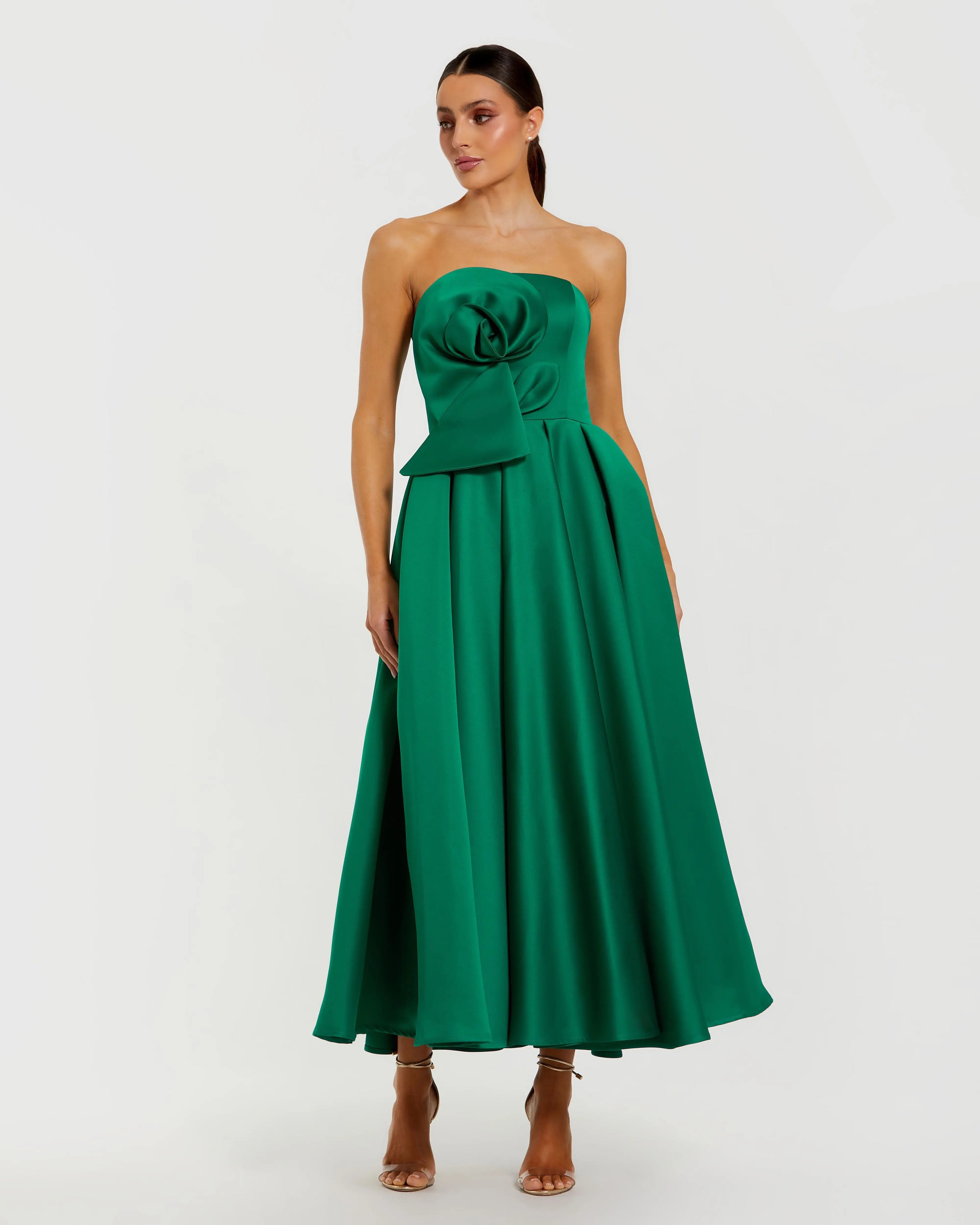 Strapless Satin A Line Midi Dress With 3D Flower