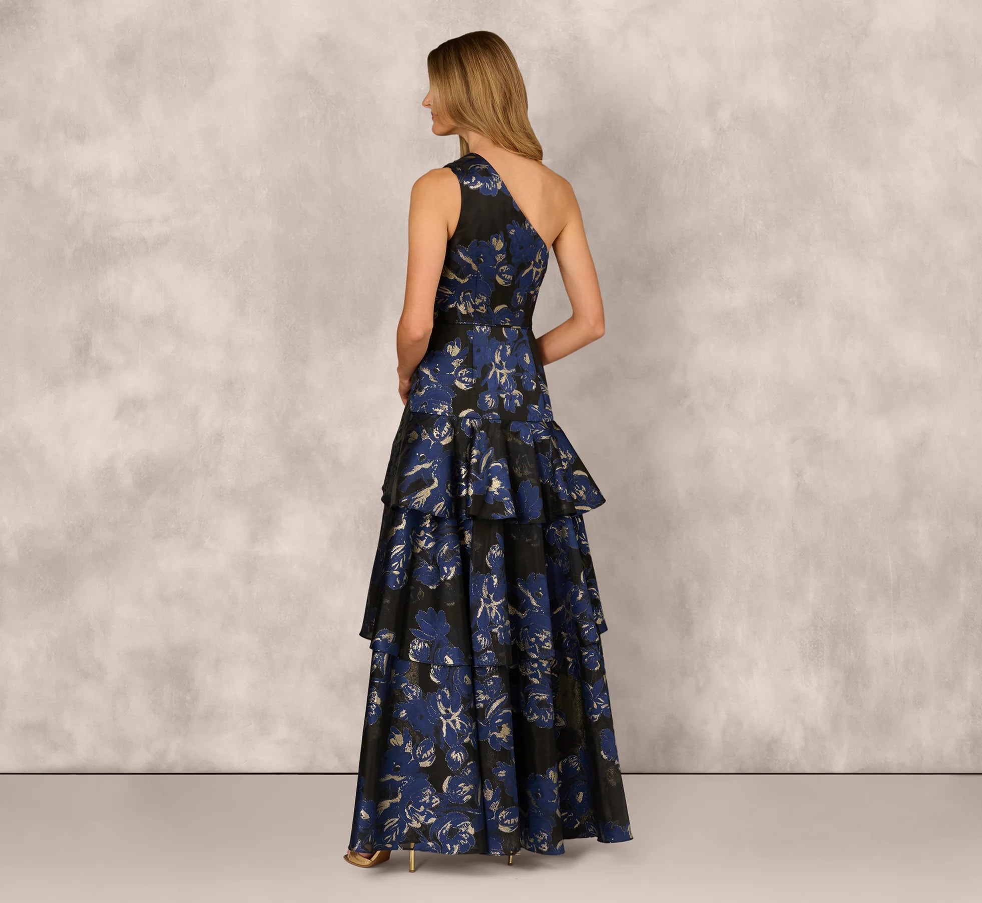 One Shoulder Floral Jacquard Flounce Ballgown In Navy Multi